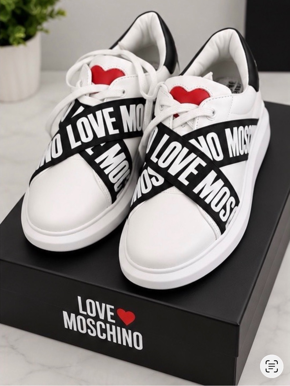 Love Moschino White Kids Sneakers with Black Logo Straps and Red Heart Accent